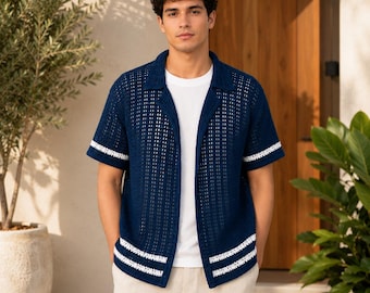 Men's Crochet Camp Collar Shirt Pattern PDF | Open Mesh Crochet Shirt Pattern | Summer Buttonless Shirt | Instant Download