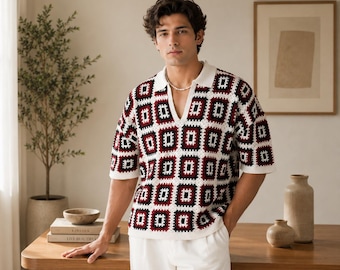 Modello PDF per polo da uomo all'uncinetto, modello per camicia Grandma Square, top estivo a maniche corte all'uncinetto, download immediato