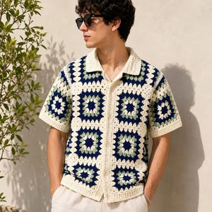 Granny Square Crochet Shirt Pattern PDF, Men's Button Up Crochet Shirt, Retro Crochet Top Pattern, Instant Download