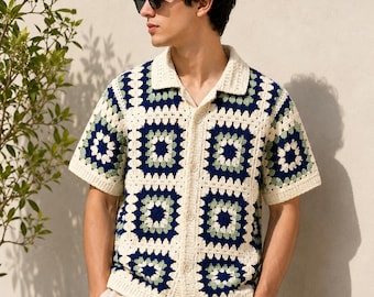 Modello PDF per camicia all'uncinetto "Grandma Square", camicia da uomo all'uncinetto con bottoni, modello di top all'uncinetto in stile retrò, download immediato.