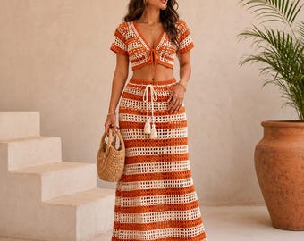 Modello PDF per top corto e gonna lunga in stile boho all'uncinetto / Completo estivo a due pezzi all'uncinetto / Tutorial scaricabile immediatamente