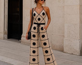 Modello all'uncinetto per tuta intera Grandma Square Halter / Tuta corta boho a gamba larga in PDF / Outfit retrò per festival / Download immediato