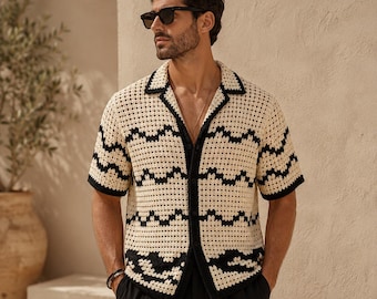 Modello PDF per camicia da uomo all'uncinetto con bottoni, cardigan a maniche corte all'uncinetto, modello per camicia estiva testurizzata da scaricare