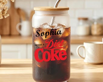 Bicchiere termico personalizzato per Coca-Cola Light con cannuccia, tazza personalizzata per amanti delle bibite, bicchiere per caffè freddo, tazza con coperchio in bambù, regalo per lei a tema Coca-Cola Light.
