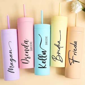 Custom Name Tumbler with Straw and Lid,16 oz Skinny Tumblers,Pastel Tumblers,Bridesmaid Proposal,Wedding Cups Gift,Bachelorette Party
