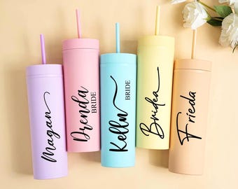 Vaso personalizado con nombre, pajita y tapa, vasos delgados de 16 oz, vasos pastel, propuesta de dama de honor, regalo de boda, despedida de soltera