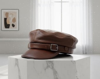 Genuine Leather Greek Fisherman Cap – Vintage Sailor Flat Hat for Men & Women