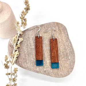 Mahogany & Resin Bar Earrings, Lightweight Wood Earrings, Wooden Dangle Earrings, Handmade Wood Earrings, Natural Wood Drop Earrings