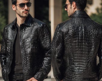 Crocodile Embossed Black Leather Jacket: Handmade Goatskin, Slim Fit