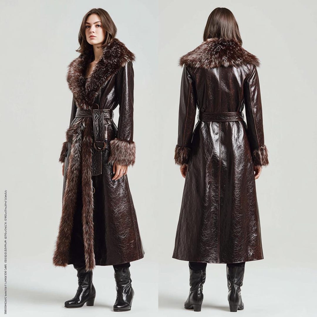 Chocolate Brown Leather Trench Coat: Vintage Fur Trim, Winter