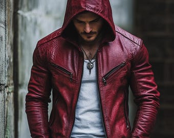Red Lambskin Leather Biker Jacket with Hood: Handmade Men&#39;s Motorcycle Jacket
