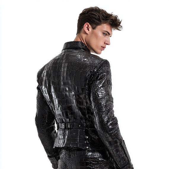 メンズ ブラック クロコダイル型押しレザージャケット：バイカー