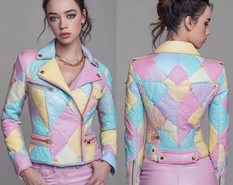 Pastel Patchwork Leather Jacket Women , Colorful Retro Biker Jacket , Y2K Harlequin Moto Style , Barbie core Aesthetic Statement Coat