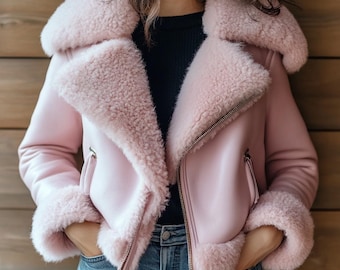 Women&#39;s Light Pink Shearling Leather Jacket Faux Fur Lined Moto Style Coat, Soft Leather Jacket, Gift for Her