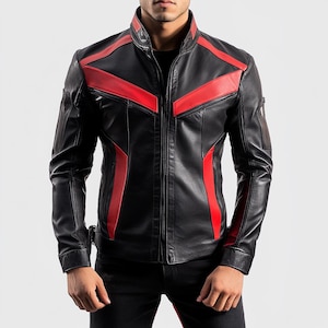 Men Leather Jacket, Men’s Black and Red Leather Jacket, Superhero Cosplay Jacket, Biker Moto Jacket, Avengers Inspired Costume