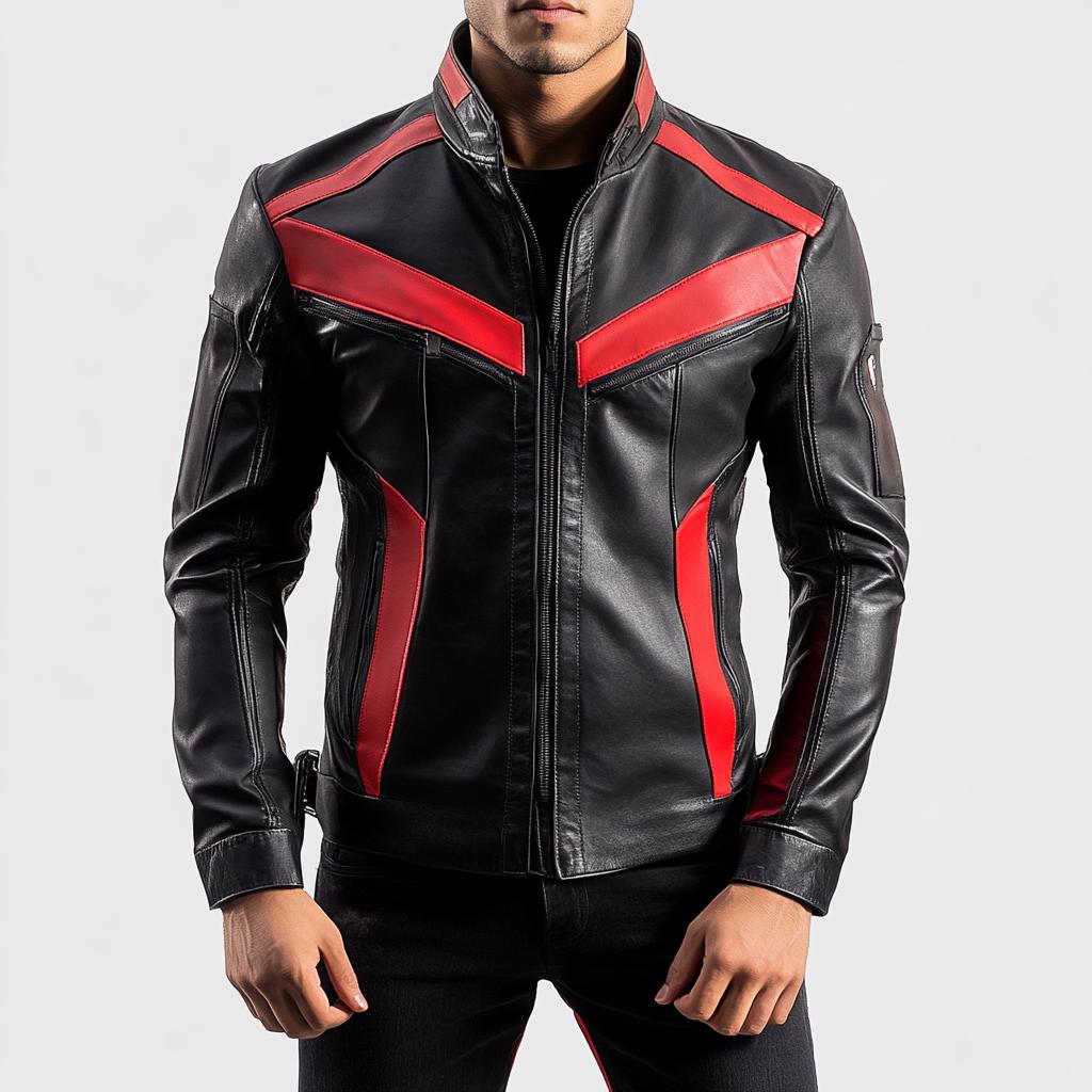 Men Leather Jacket, Men’s Black and Red Leather Jacket, Superhero Cosplay Jacket, Biker Moto Jacket, Avengers Inspired Costume