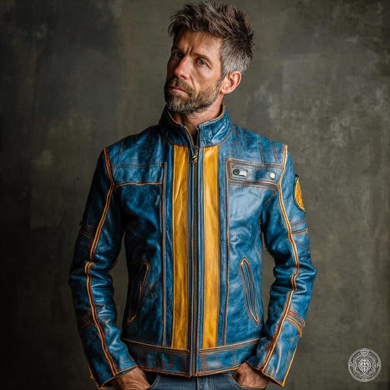 Men's Distressed Leather Fallout Vault Dweller Jacket: Cosplay