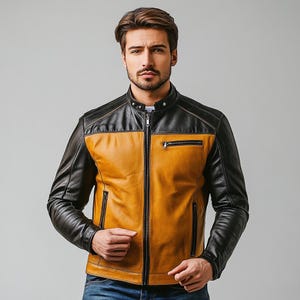 Men&#39;s Yellow & Black Biker Leather Jacket , Vintage Moto Style, Cafe Racer Jacket for Men, Handmade Real Leather ,Leather Jacket Men
