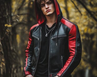 Red and Black Hooded Leather Biker Jacket: Gothic Cosplay Style