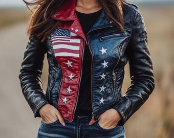 Women&#39;s Patriotic Cropped Leather Jacket American Flag Biker Jacket ,Vintage Style Moto Jacket, 4th of July Outfit ,Bride Jacket