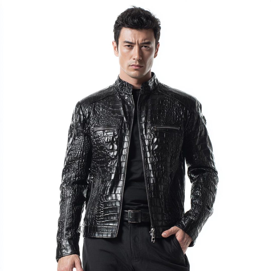 BOSS ブラックレザージャケット クロコダイルパターン Amazon.com: Deja Exe Men's Genuine Leather Crocodile