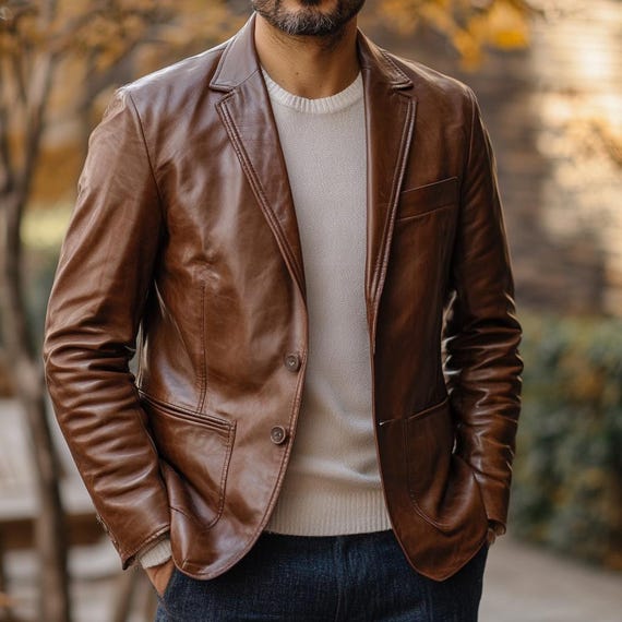 Blazer masculino de couro marrom conhaque, jaqueta feita à mão com