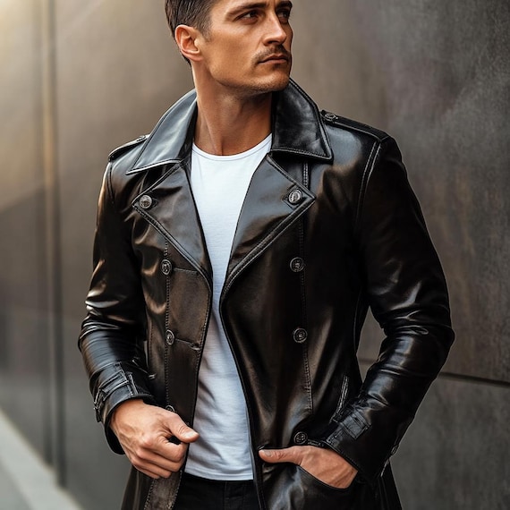 ブラックレザー トレンチコート ダブルブレスト black leather double trench coat