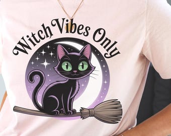 Solo vibraciones de bruja PNG: Gato en escoba Clipart (Descarga digital)