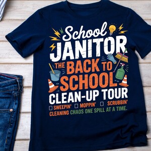 May include: Navy blue t-shirt with the text "School Janitor The Back to School Clean-Up Tour". The design includes cleaning supplies and traffic cones. The shirt also has the text "Sweepin', Moppin', Scrubbin', Cleaning Chaos One Spill at a Time."