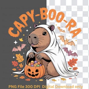 May include: A Halloween-themed illustration featuring a capybara dressed as a ghost, holding a pumpkin basket filled with candy. The image includes bats, leaves, and the text "CAPY-BOO-RA".