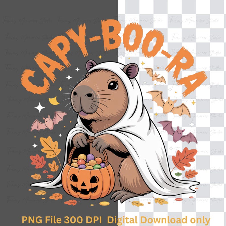 May include: A Halloween-themed illustration featuring a capybara dressed as a ghost, holding a pumpkin basket filled with candy. The image includes bats, leaves, and the text "CAPY-BOO-RA".