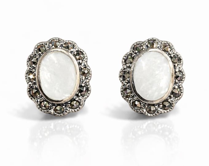 Art Deco Mother of Pearl Marcasite Sterling Silver Stud Earrings