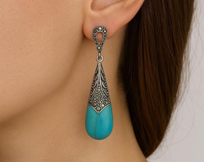 Art Deco Inspired Turquoise, Onyx, Abalone and Marcasite 925 Sterling Silver Earrings