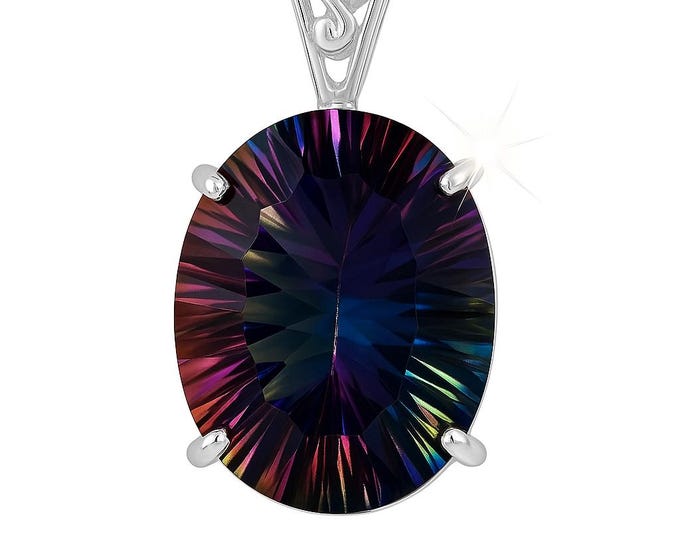 Mystic Topaz Oval Pendant Necklace 925 Sterling Silver Bail, Blue Green Gemstone Jewelry, Gift for Her
