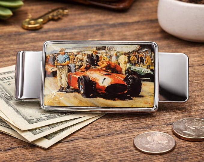 Antique Style Enamel Formula One Money Clip 925 Sterling Silver Gift