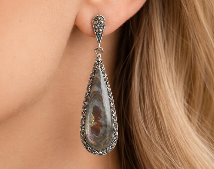 Art Deco Inspired Abalone 925 Sterling Silver Earrings Gift for Her