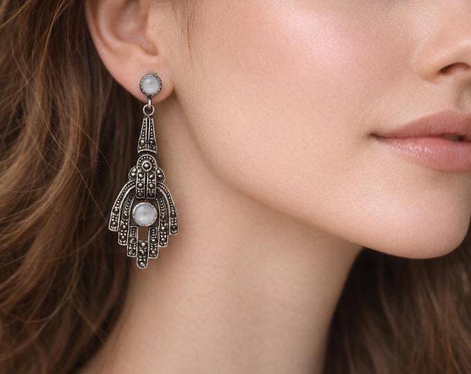 Art Deco Inspired Mother of Pearl, Onyx, Lapis Lazuli, Coral and Marcasite 925 Sterling Silver Earrings Gift for Her