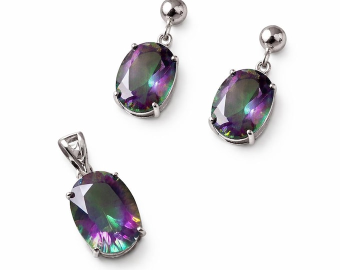 Mystic Topaz Pendant and Stud Earrings Set 925 Sterling Silver