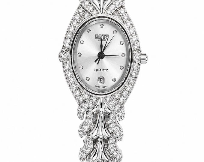 Vintage Style Cubic Zirconia 925 Sterling Silver Bracelet Watch, Elegant Women’s Dress Watch