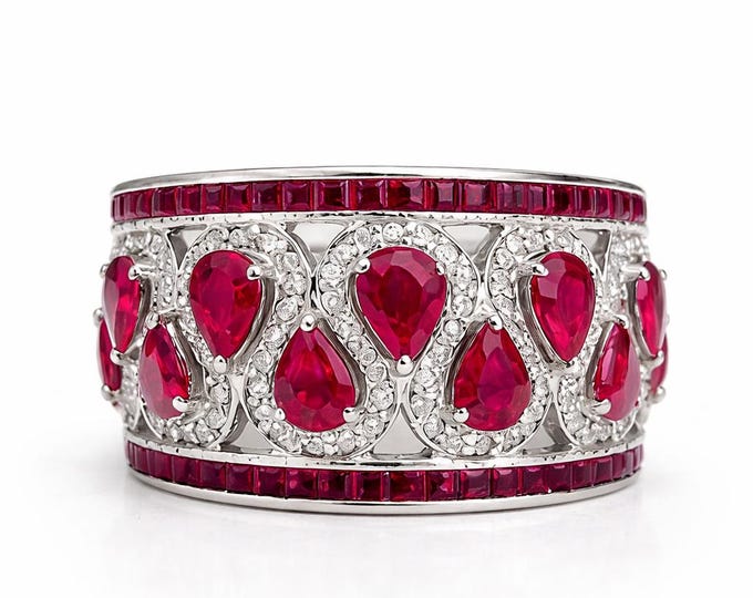 Ruby and Diamond Wide Band Ring 18K White Gold