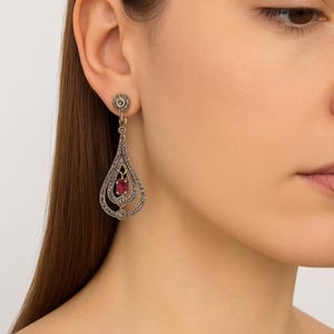 Art Deco Inspired Ruby Marcasite 925 Sterling Silver Earrings