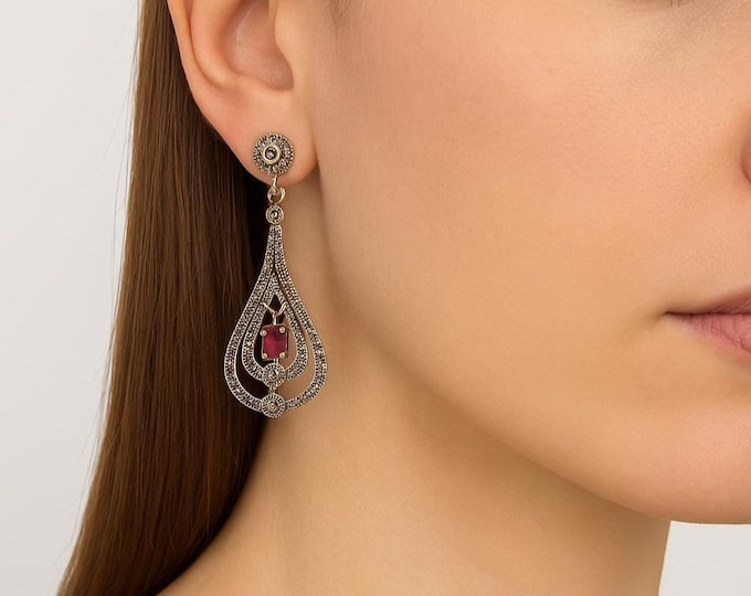 Art Deco Inspired Ruby Marcasite 925 Sterling Silver Earrings