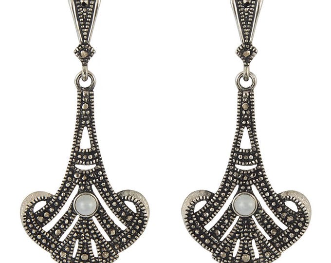 Art Deco Inspired Mother of Pearl and Marcasite 925 Sterling Silver Earrings Gift for Her