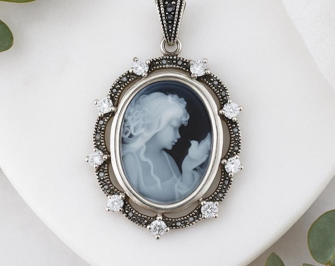 Vintage Style Silver Plated Cameo Pendant Necklace Oval Lady Profile with Marcasite and CZ Accents Victorian Inspired Statement Jewelry