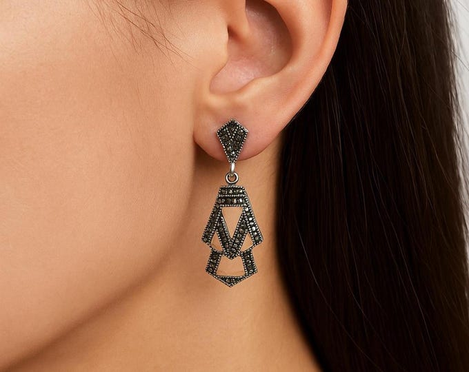Art Deco Marcasite Dangle Earrings, 925 Sterling Silver