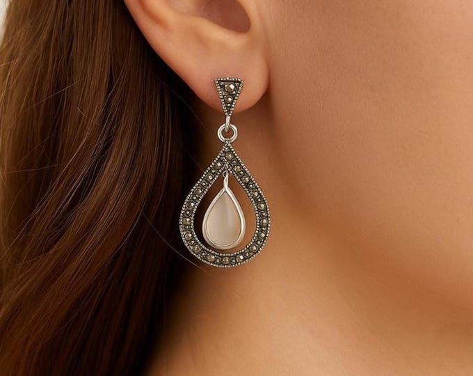 925 Sterling Silver Dangle Earrings with Mother of Pearl Teardrop Stone Vintage Inspired Drop Earrings, Boho Statement Jewelry