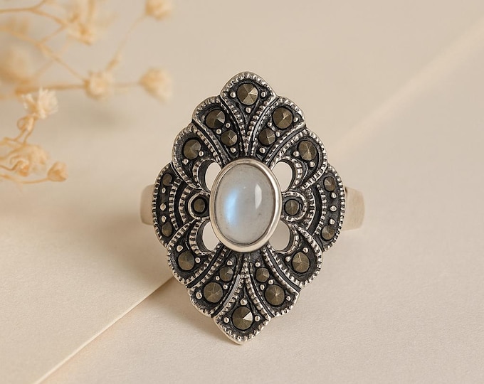 Vintage Style Sterling Silver Filigree Ring with Mother of Pearl Oval and Marcasite Accents Art Deco Statement Jewelry