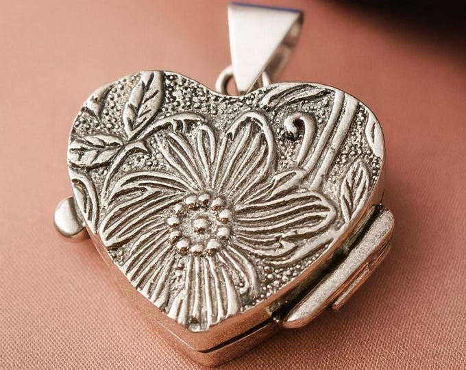 925 Sterling Silver Heart Pill Box Pendant Floral Engraved Locket Necklace, Mini Keepsake Box, Vintage Style Heart Locket, Gift for Her