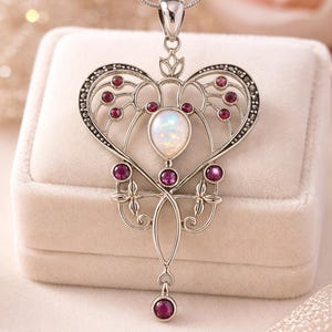Antique Style Gilson Opal, Rubin und Markasit Herz Anhänger 925 Sterling Silber