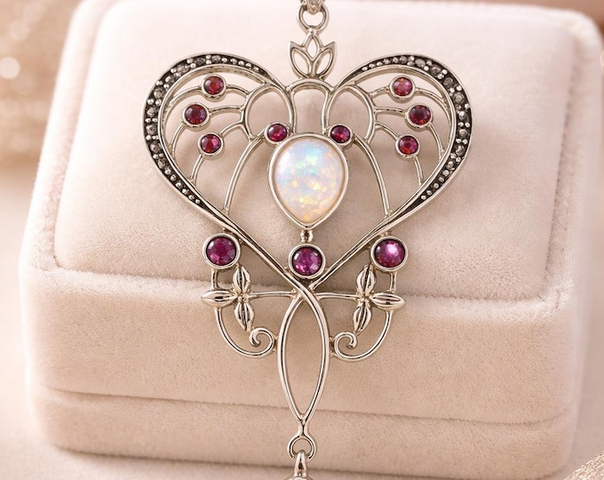 Antique Style Gilson Opal, Ruby and Marcasite Heart Pendant 925 Sterling Silver